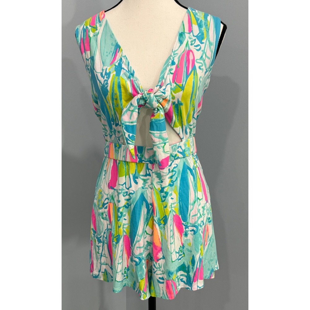 Lilly Pulitzer Greer Peak-A-Boo Romper in Beach and Bae Costal Resort Boho Chic